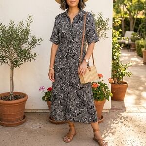 ZARA BLACK WHITE COLLARED PAISLEY PRINT MIDI SHIRT DRESS size XS